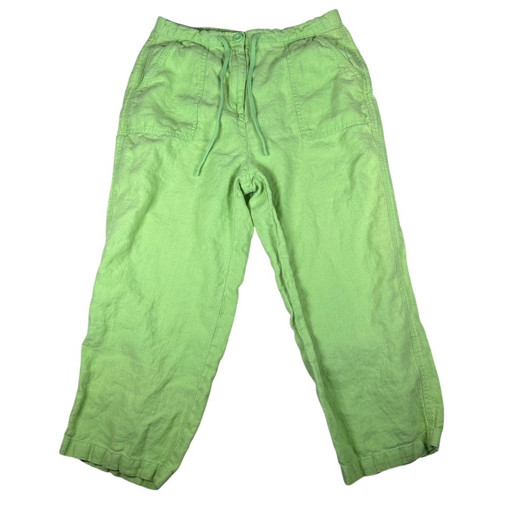 Talbots Petites Irish Linen‎ Pants 8 lime Green High Rise Cropped Drawstring